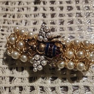Elegant Gold and Pearl Bee Brooch